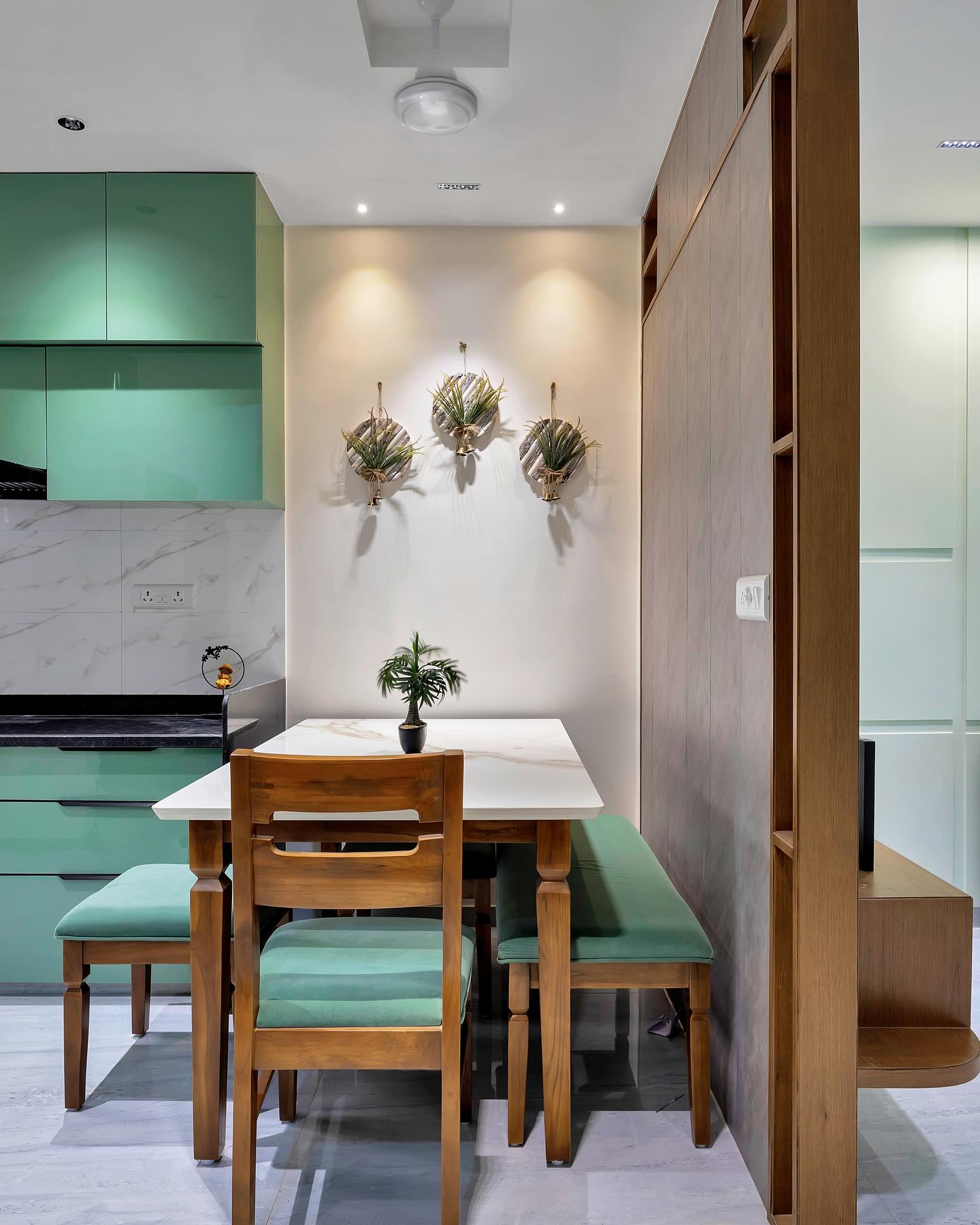 Dining nook with sage banquette