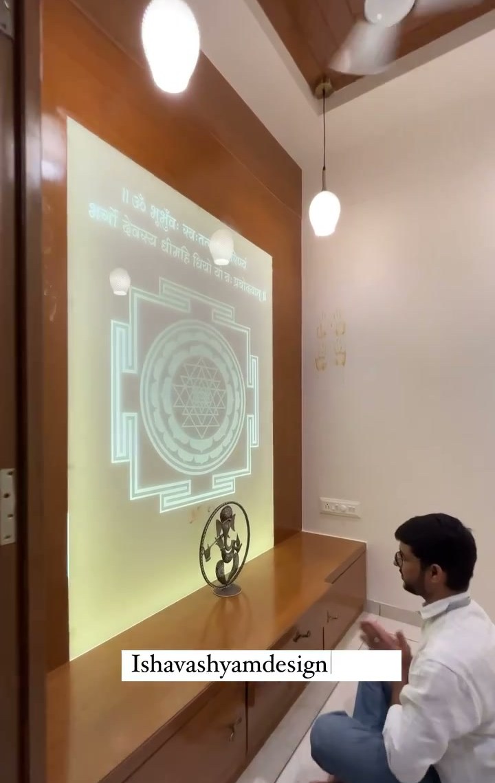 Backlit mandir with etched Shree Yantra glass and wood ceiling